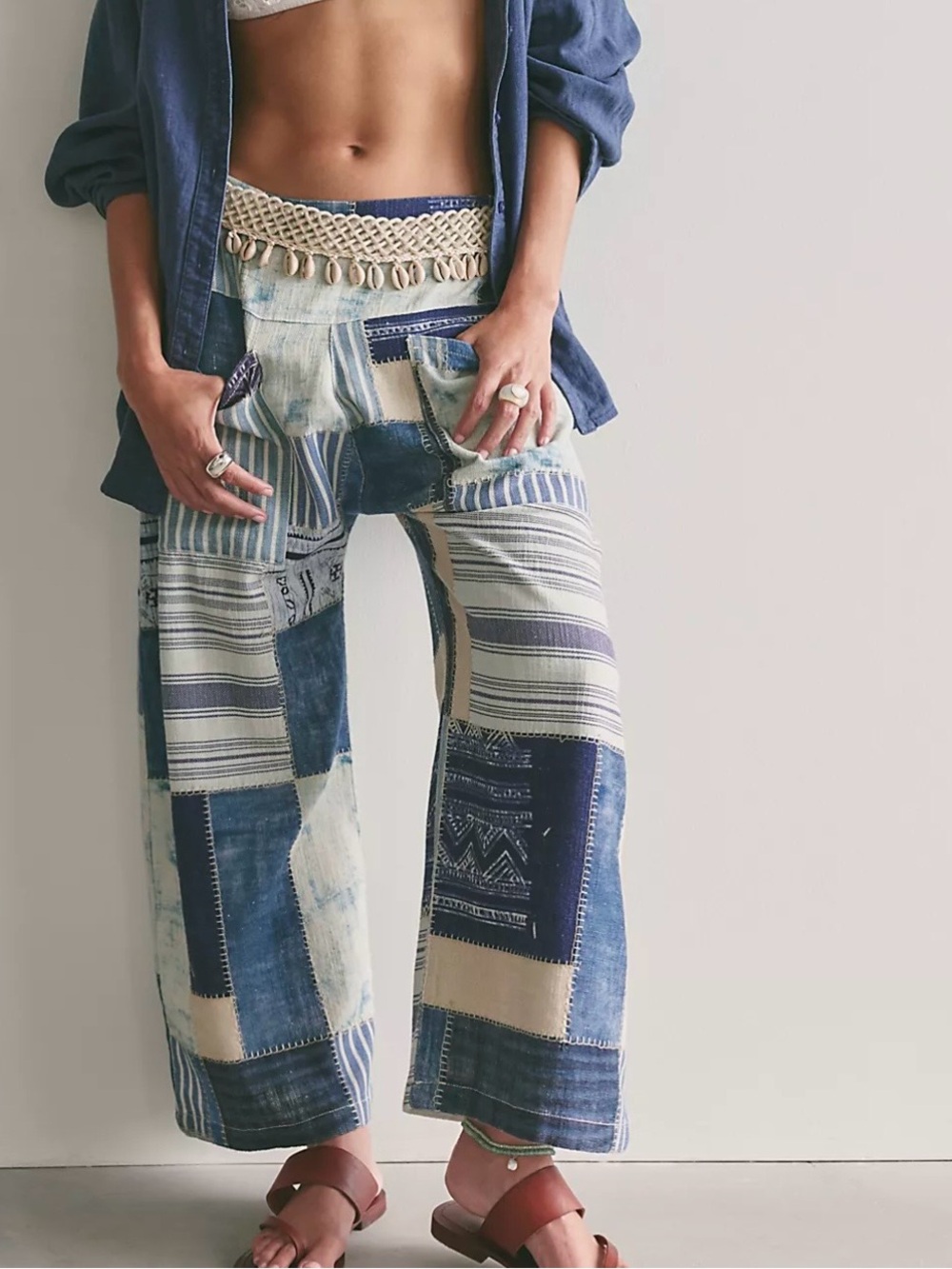 Free people Patchwork Blue Wide-Leg Cotton Pants SZ Medium